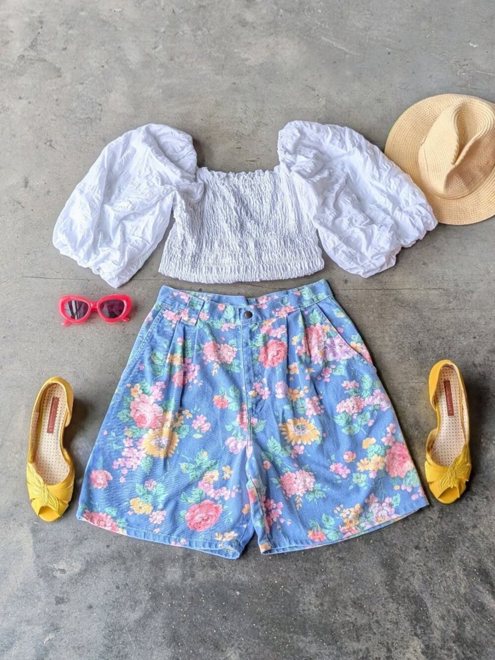 Vintage 80s Blue Colorful Floral High Rise Pleated Mom Shorts